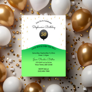 Over the Hill Black Balloon & Confetti Birthday Invitation