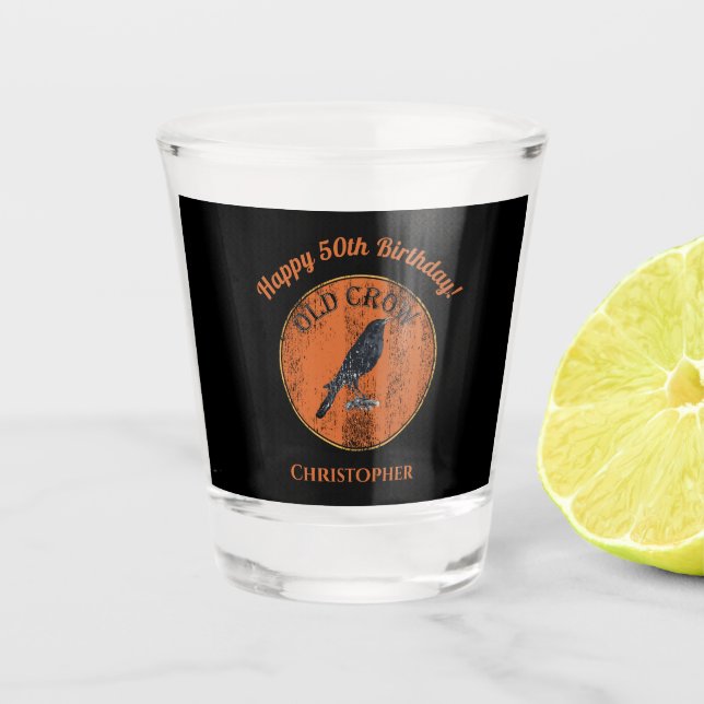 Over The HIll Old Crow Geezer Gag Joke Shot Glass (Front)