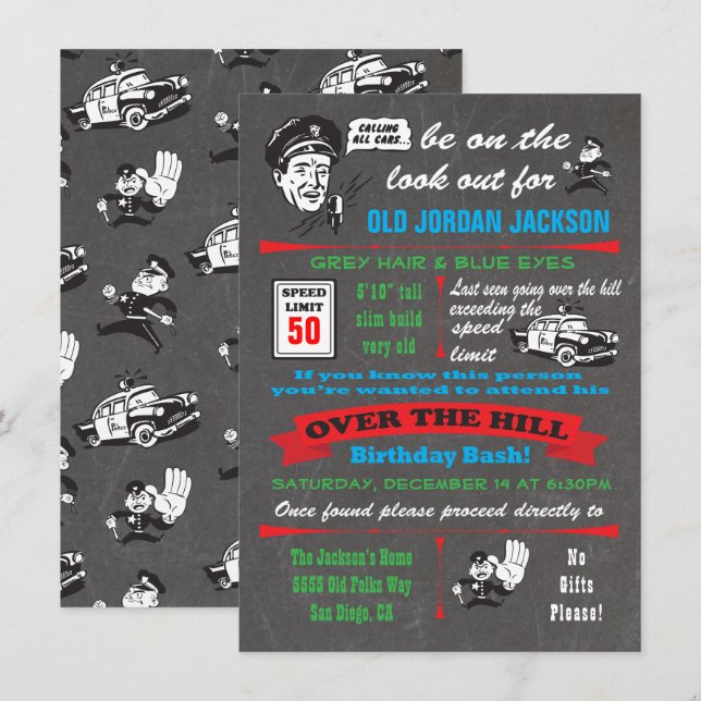 Over the Hill Police Cop Birthday Invitation (Front/Back)
