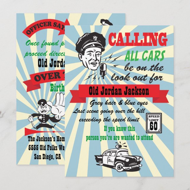 Over the Hill Speed Limit Cops Birthday Invitation (Front/Back)