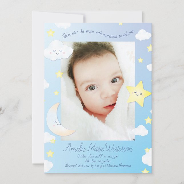 Over the Moon and Stars Birth Announcement (Front)