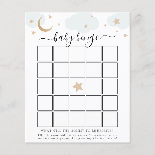 Over the Moon Baby Bingo Game Card (Front)