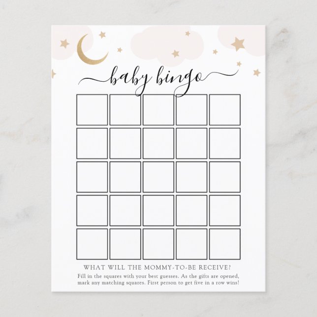 Over the Moon Baby Bingo Game Card (Front)