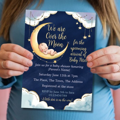 an 'Over the Moon' themed baby shower invitation