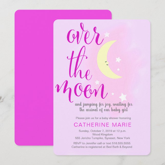 Over the Moon Baby Girl Shower Invitation (Front/Back)