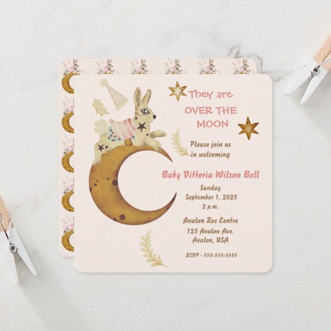 Over the Moon Baby Girl Shower  Invitation (Front/Back In Situ)