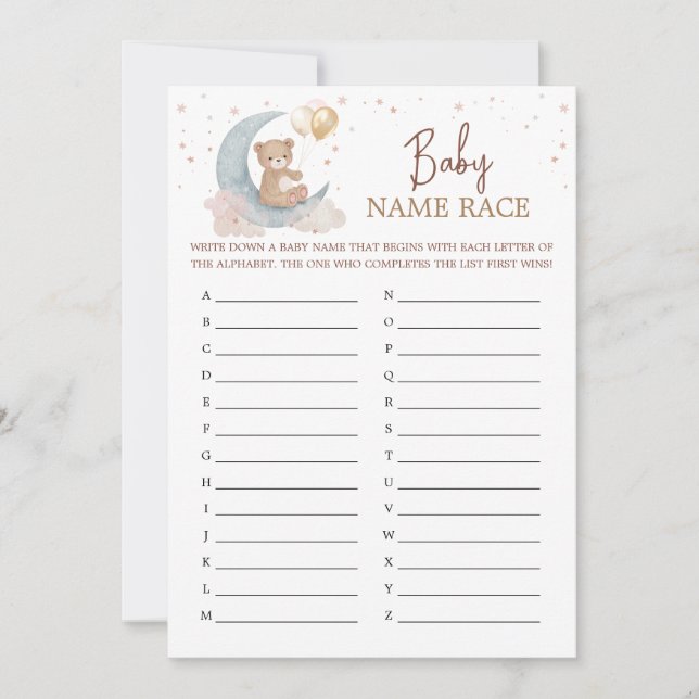 Over the Moon Baby Shower Baby Name Race Game Card (Front)