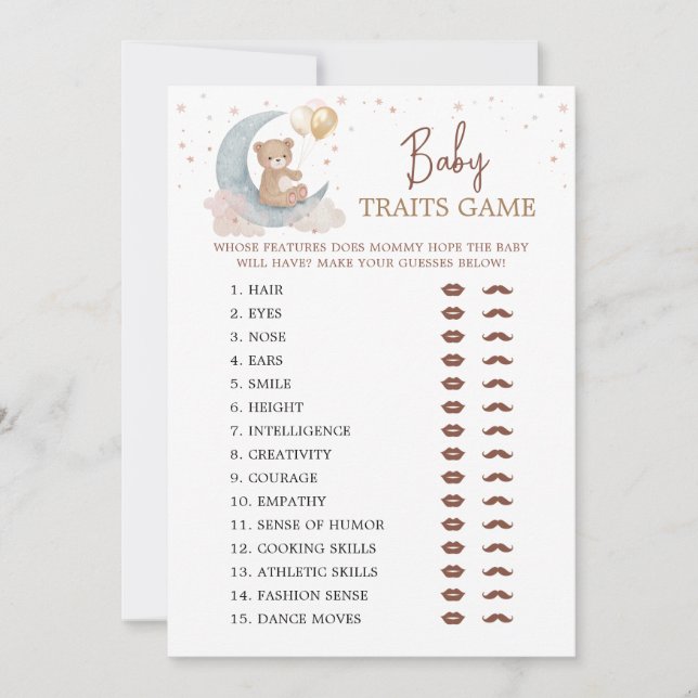 Over the Moon Baby Shower Baby traits Game Card (Front)
