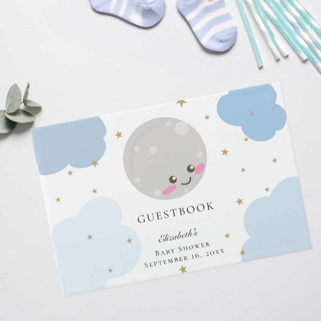 Over the Moon Baby Shower Blue Cute Gold Kawaii  Guest Book (Creator Uploaded)