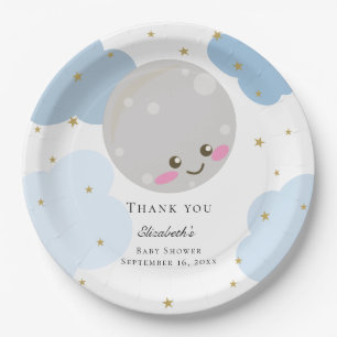 Over the Moon Baby Shower Blue Cute Gold Kawaii  Paper Plate