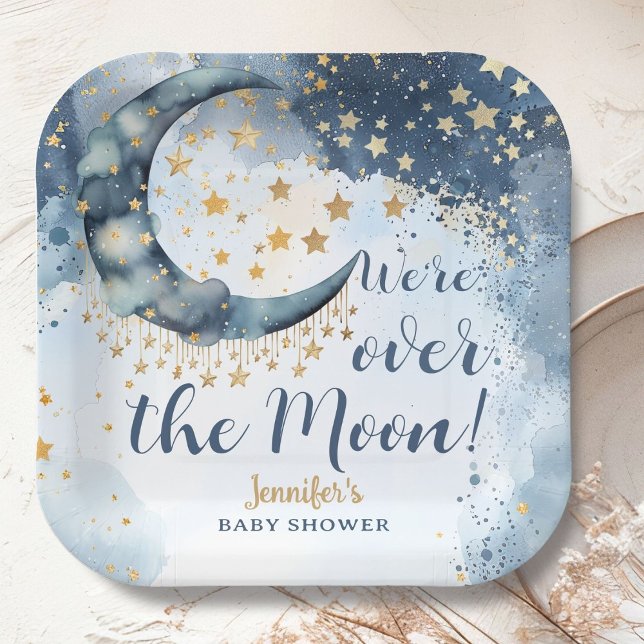 Over The Moon Baby Shower Boy Blue Paper Plate (Creator Uploaded)