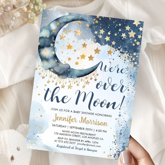 Over The Moon Baby Shower Boy Blue Twinkle Stars Invitation (Creator Uploaded)