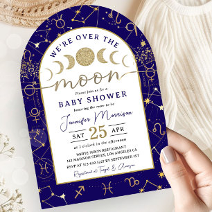 Over the Moon Baby Shower Boy Navy Blue Gold Arch Invitation