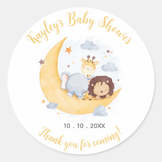 Over the Moon Baby Shower Favour Stickers Animal (Front)