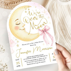 Over the Moon Baby Shower Girl Pink Bow Cute Arch Invitation