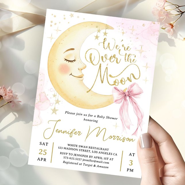 Over the Moon Baby Shower Girl Pink Bow Cute Moon Invitation (Creator Uploaded)