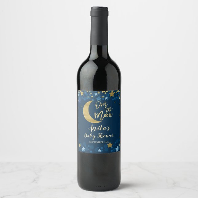 Over The Moon Baby Shower Gold Glitter Wine Label (Front)