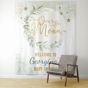 Over the Moon Baby Shower Greenery Gold Welcome Tapestry