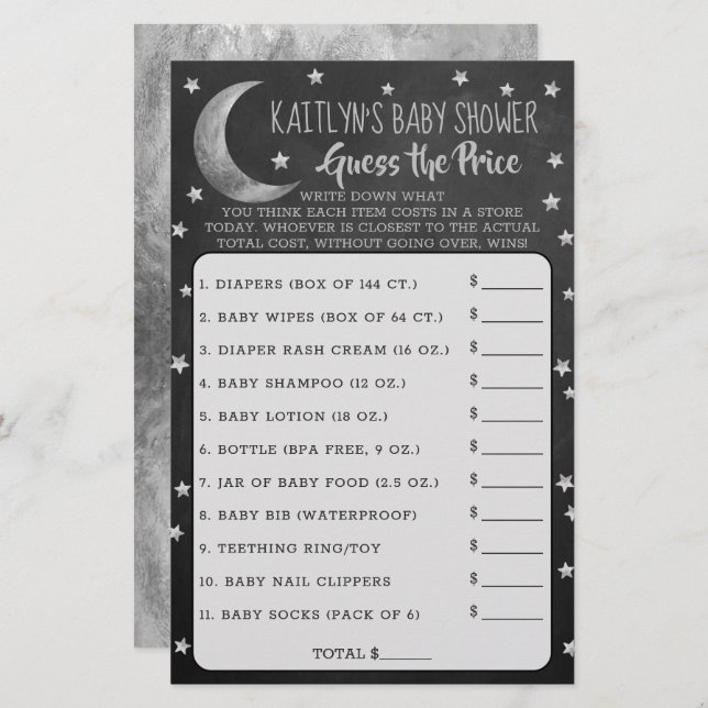 Over The Moon | Baby Shower Guess The Price Game (Front/Back)
