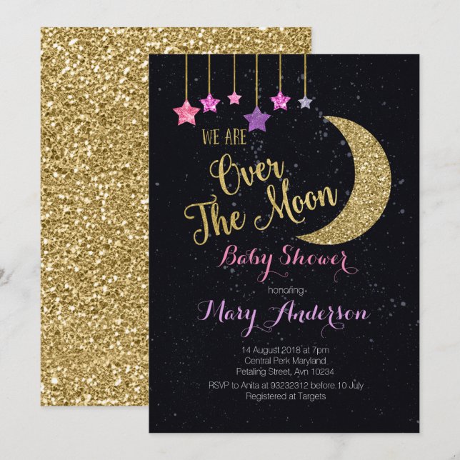 Over the Moon Baby Shower Invitation for girl (Front/Back)