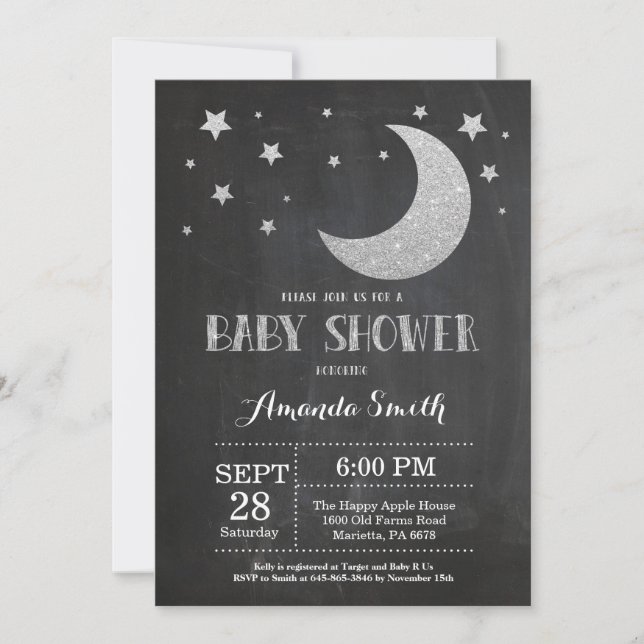 Over the Moon Baby Shower Invitation Silve Glitter (Front)