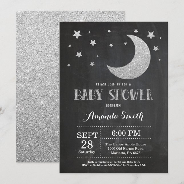 Over the Moon Baby Shower Invitation Silve Glitter (Front/Back)