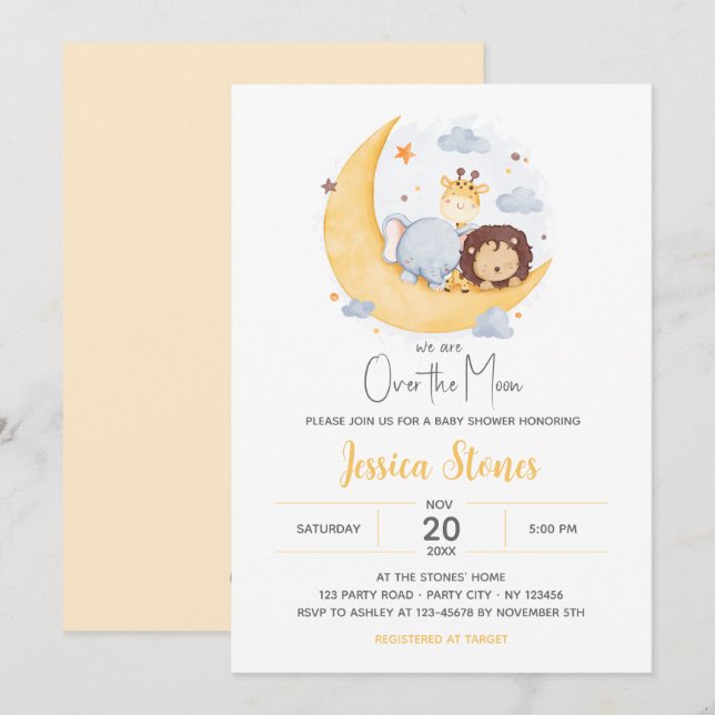 Over the Moon Baby Shower Invitations Animals Cute (Front/Back)