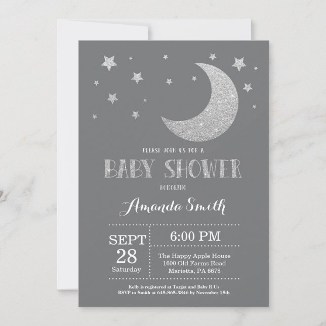 Over the Moon Baby Shower Invite Silver Glitter (Front)