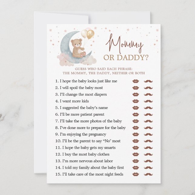 Over the Moon Baby Shower Mummy Or Daddy Game Card (Front)