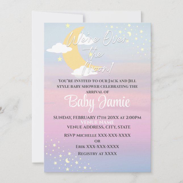 Over the Moon Baby Shower Pink Purple Girl Stars I Invitation (Front)