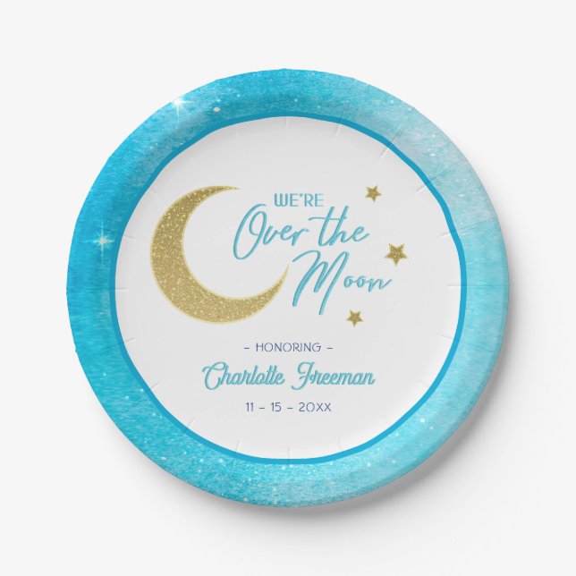 Over the Moon Baby Shower Plates – Blue Watercolor (Front)