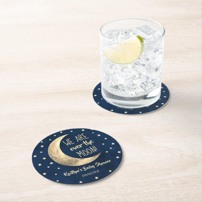 Over The Moon | Baby Shower Round Paper Coaster (Insitu)