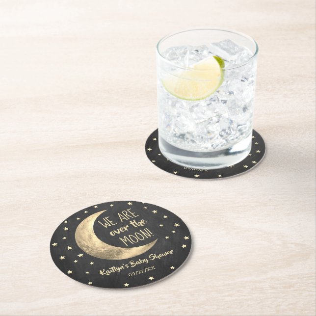 Over The Moon | Baby Shower Round Paper Coaster (Insitu)
