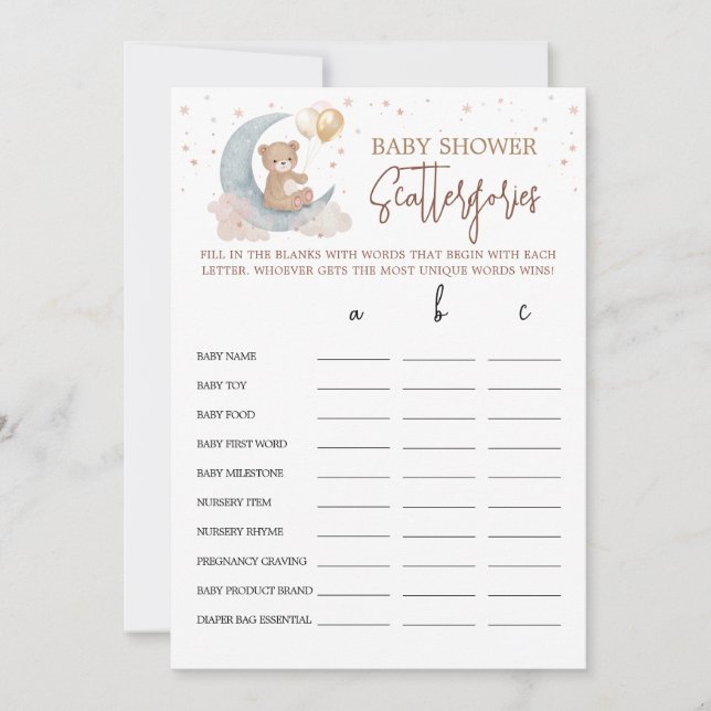 Over the Moon Baby Shower Scattergories Game Card (Front)