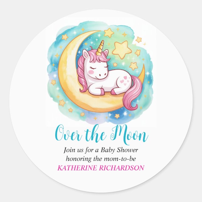 Over the Moon Baby Shower – Sleeping Unicorn  Classic Round Sticker (Front)
