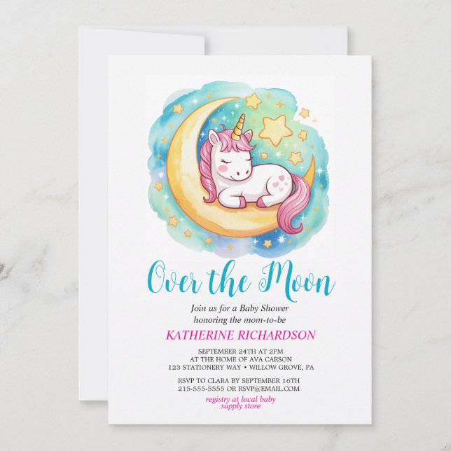 Over the Moon Baby Shower – Sleeping Unicorn  Invitation (Front)