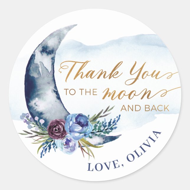 Over the Moon Baby Shower Thank You Stickers Navy (Front)
