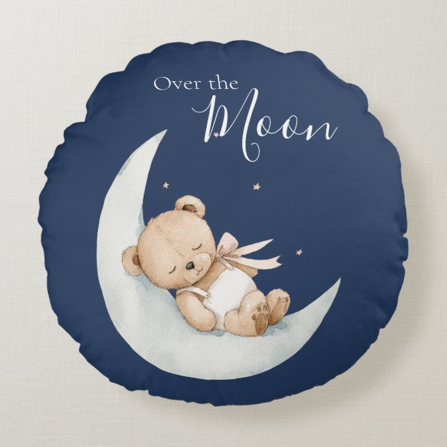 Over the Moon Bear Blue Baby Round Cushion (Front)