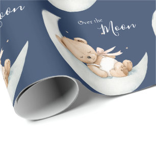 Over the Moon Bear Blue Baby Shower Wrapping Paper
