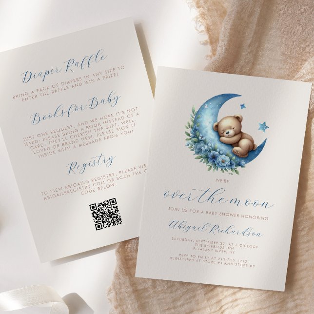 Over the Moon Bear Blue Boy QR Code Baby Shower Invitation (Creator Uploaded)