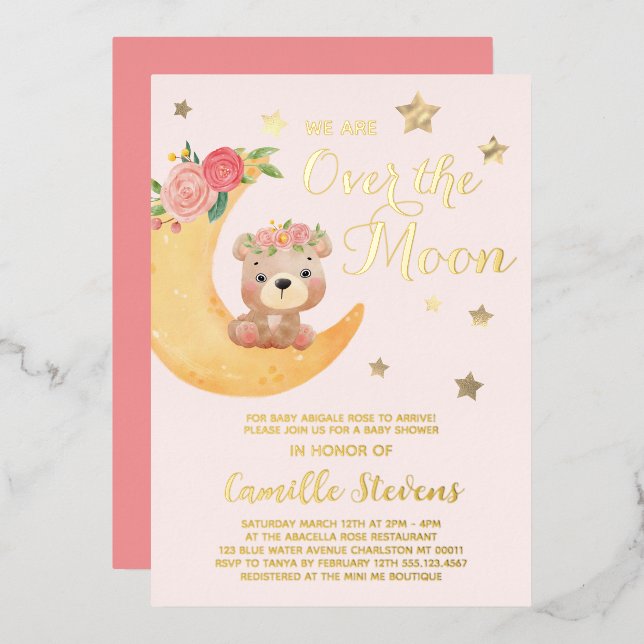 Over the Moon Bear Blush Baby Shower Girl (Front/Back)