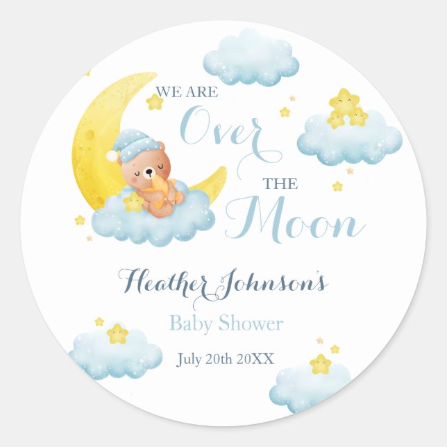 Over The Moon Bear Boy Baby Shower Classic Round Sticker (Front)