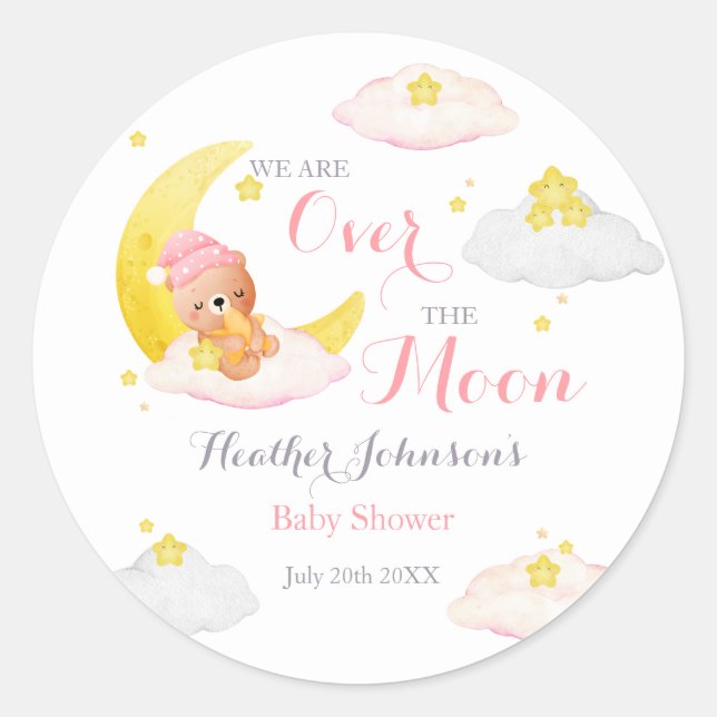 Over The Moon Bear Girl Baby Shower Classic Round Sticker (Front)