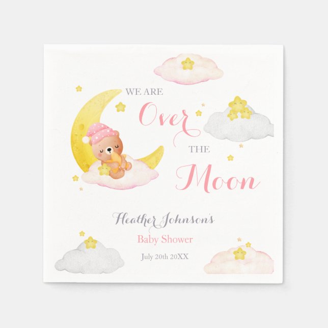 Over The Moon Bear Girl Baby Shower Napkin (Front)