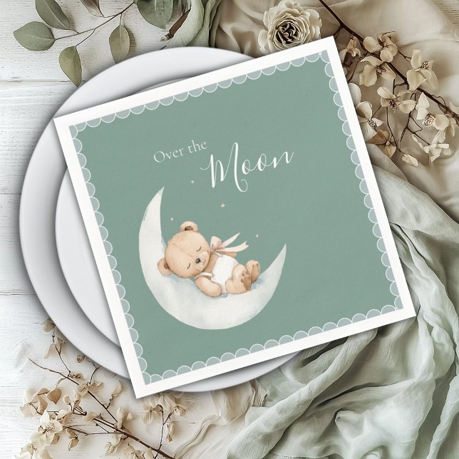 Over the Moon Bear Green Baby Shower Napkin (Creator Uploaded)