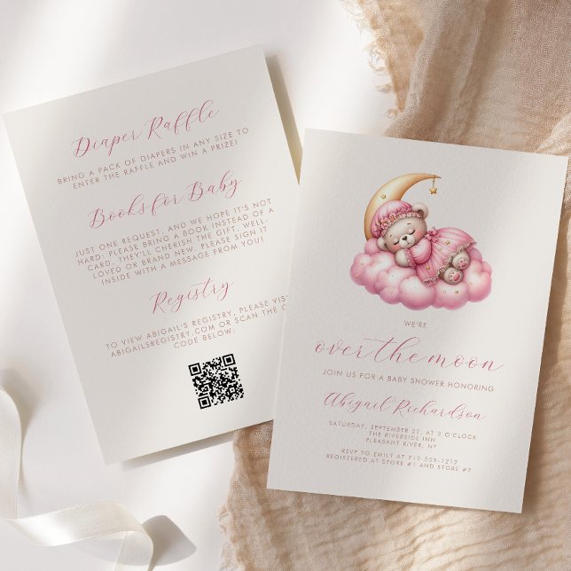 Over the Moon Bear Pink Girl QR Code Baby Shower Invitation (Creator Uploaded)