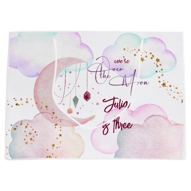 Over the moon beautiful pastel kids birthday large gift bag (Front)