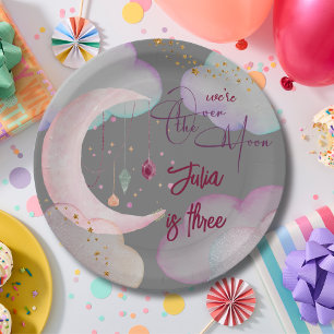 Over the moon beautiful pastel kids birthday paper plate