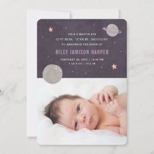 Over the Moon Birth Announcement - Lilac