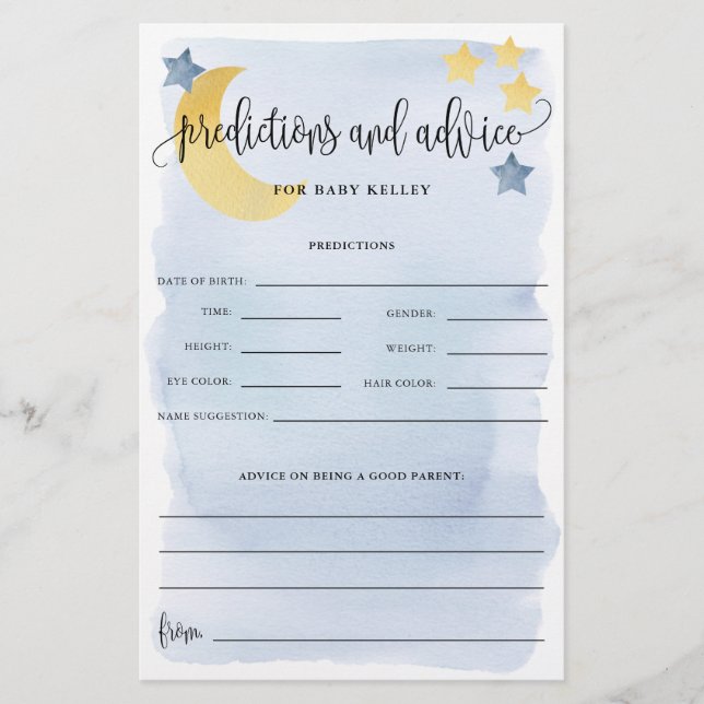 Over The Moon, Blue Baby Predictions Paper Card (Front)